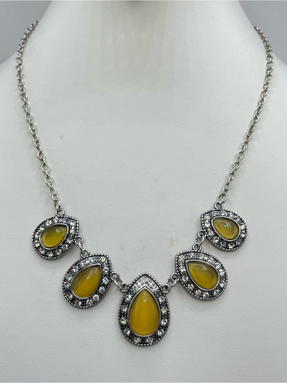 Silver Tone Yellow Cat Eye Crystal Teardrop Statement Necklace